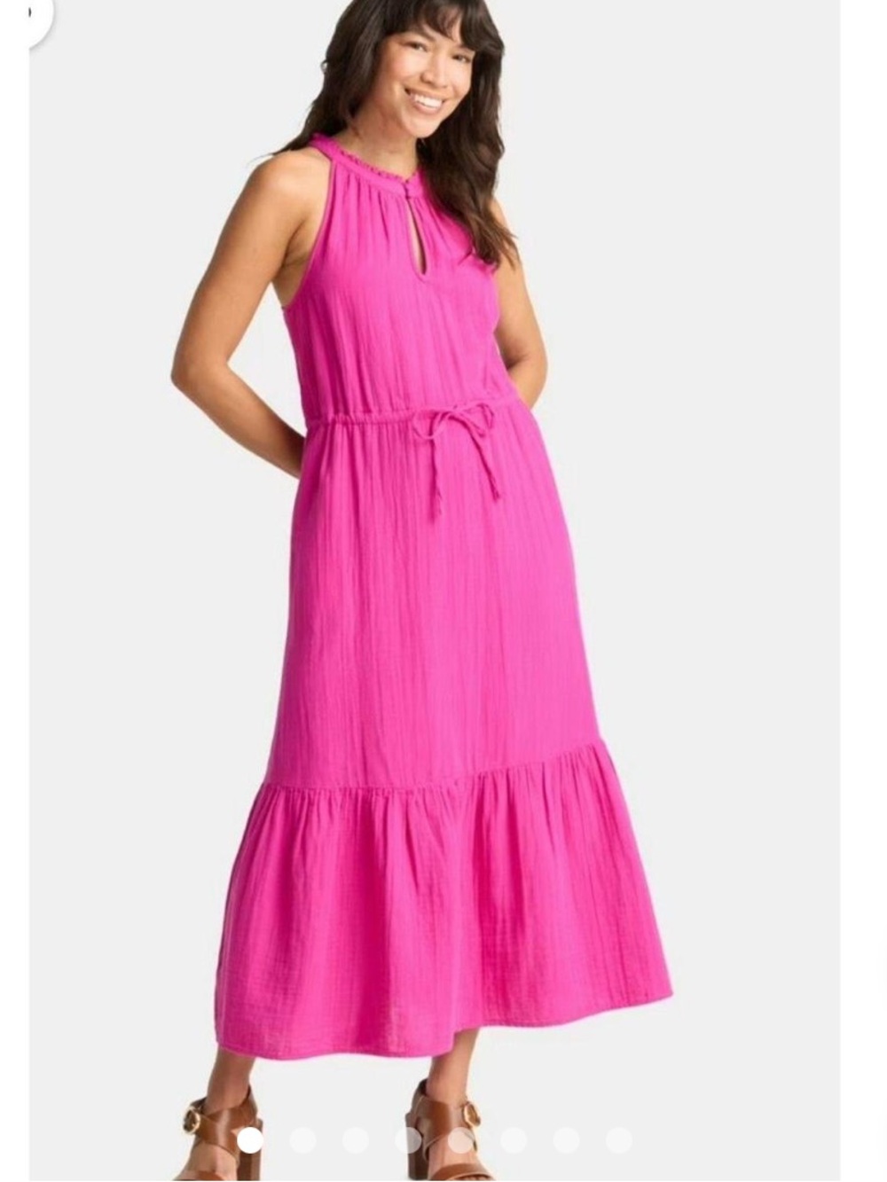 Time and Tru Fuchsia Pink Muslin Tiered Sleeveless Tie Waist Maxi Dress M NWOT